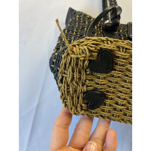 Brighton Raffia Straw Woven Tote Shoulder Bag Black/Tan Double Handle Vintage - Picture 4 of 9